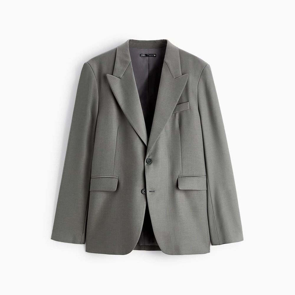 Zara Textured Suit Blazer Olive Green